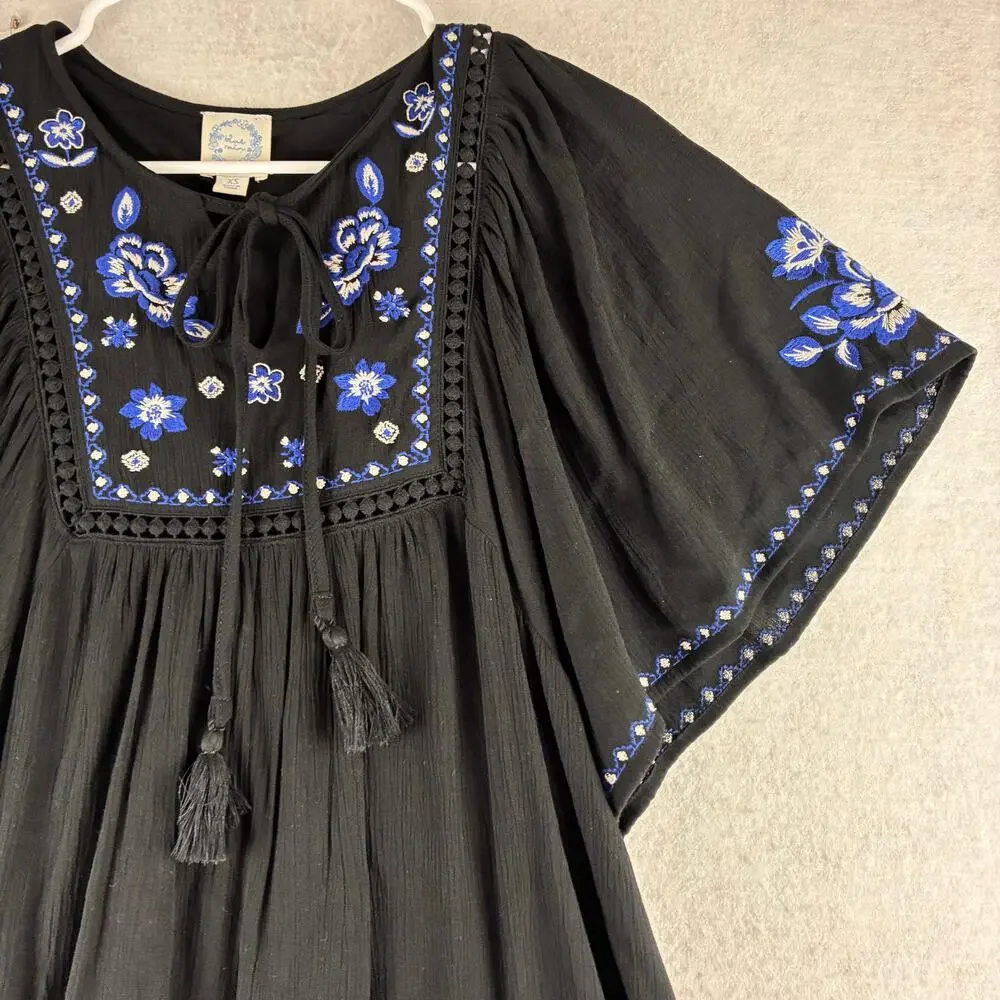 Blue Rain Boho Tunic Dress Womens Oversized XS Black Blue Floral Cottage Peasant